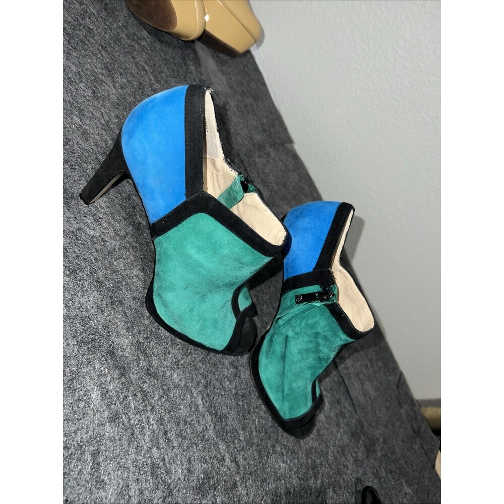 Anne Klein Suede Heels Blue Green Black Vintage Peep Toe Booties SZ 7